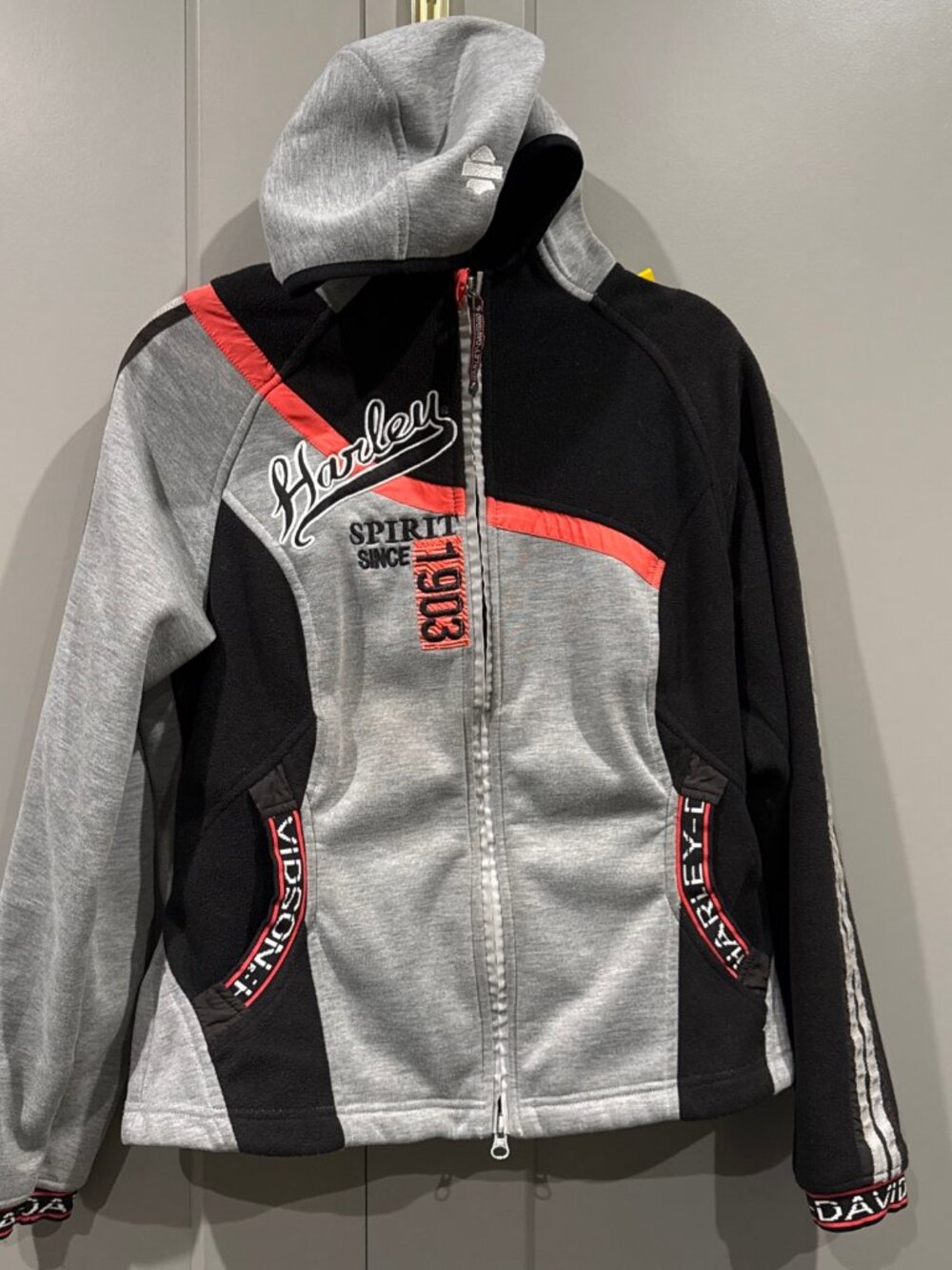 Harley-Davidson Genuine Hoodie Womens L Orange Black Colorblock Rugged Full Zip